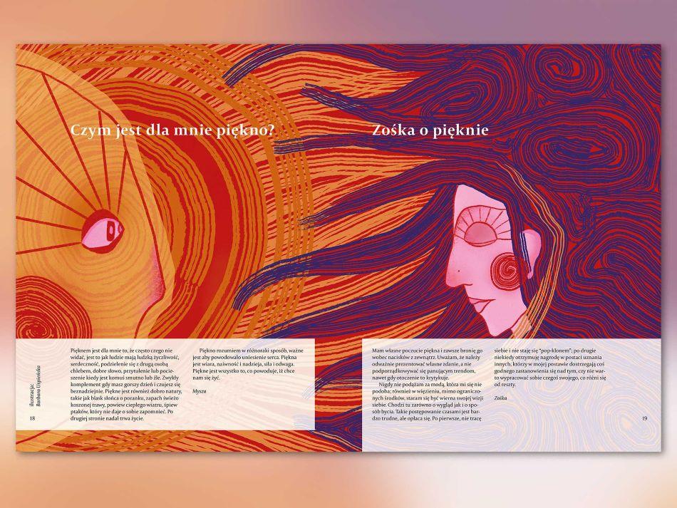 Ilustracja do magazynu „W Kratkę o pięknie”: dwie twarze z profilu patrzące na siebie