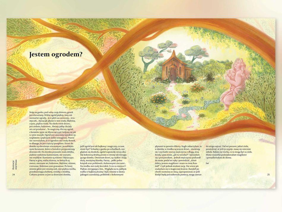 Ilustracja do magazynu „W Kratkę o pięknie”: ogród z drewnianym domem, strumykiem i posągiem