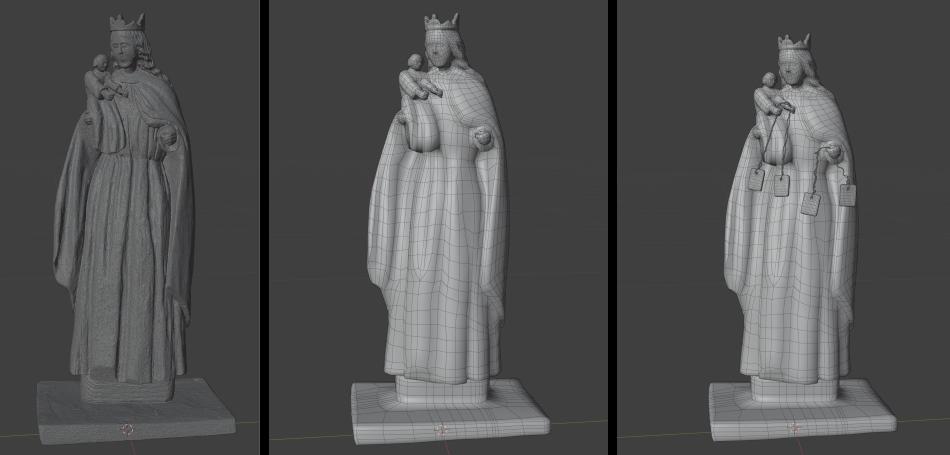 Zestawienie trzech etapów tworzenia modelu 3D figury Matki Bożej z Dzieciątkiem w programie graficznym. Widok obejmuje: surowy skan o wysokiej gęstości, model po retopologii z widoczną siatką wieloboków oraz finalną siatkę z dodanymi elementami (szkaplerzami)