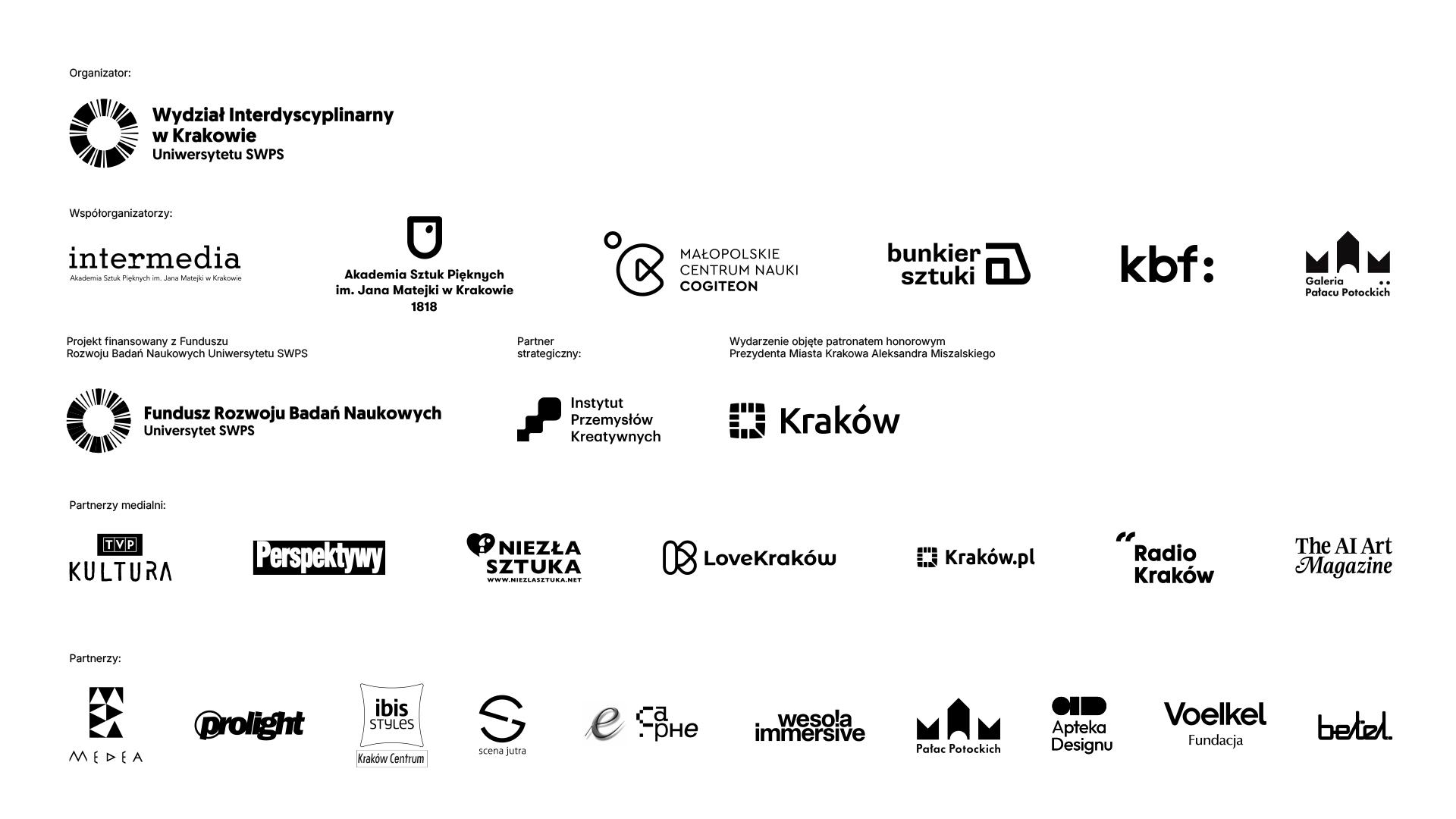 Zestaw logo wszystkich organizatorów, partnerów i patronów medialnych Biennale Sztuki AI w Krakowie