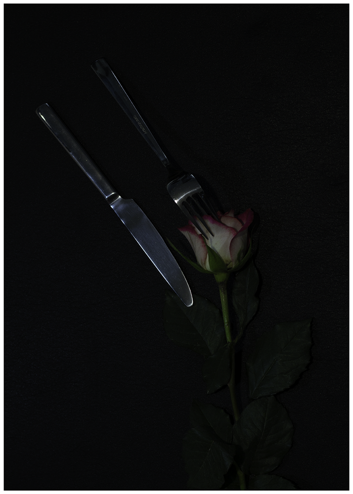 Zdjęcie przedstawiające sztućce leżące na pojedynczej róży. Wszystkie przedmioty znajdują się w ciemności.