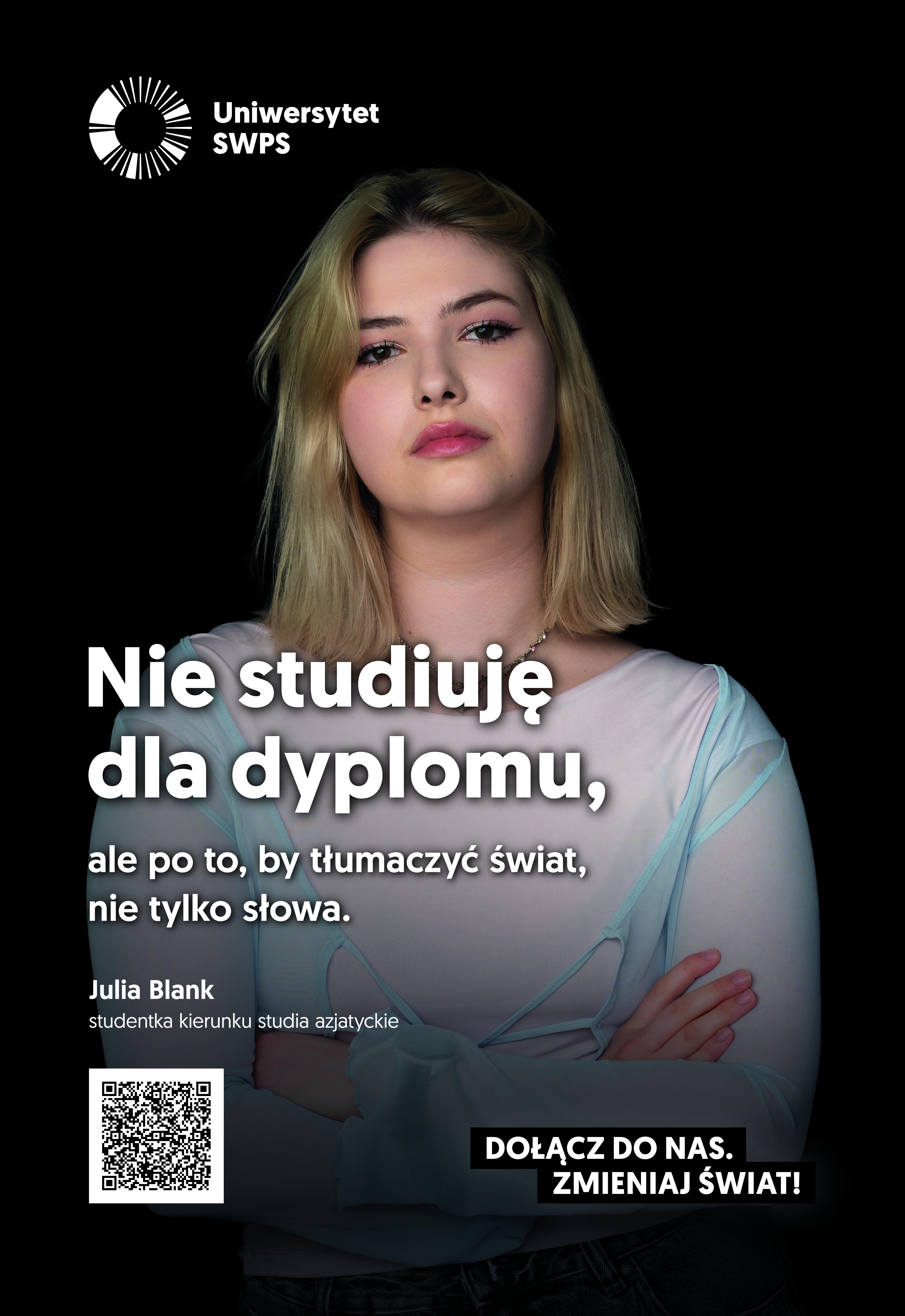 Reklama z Julią Blank, studentką studiów azjatyckich na Uniwersytecie SWPS