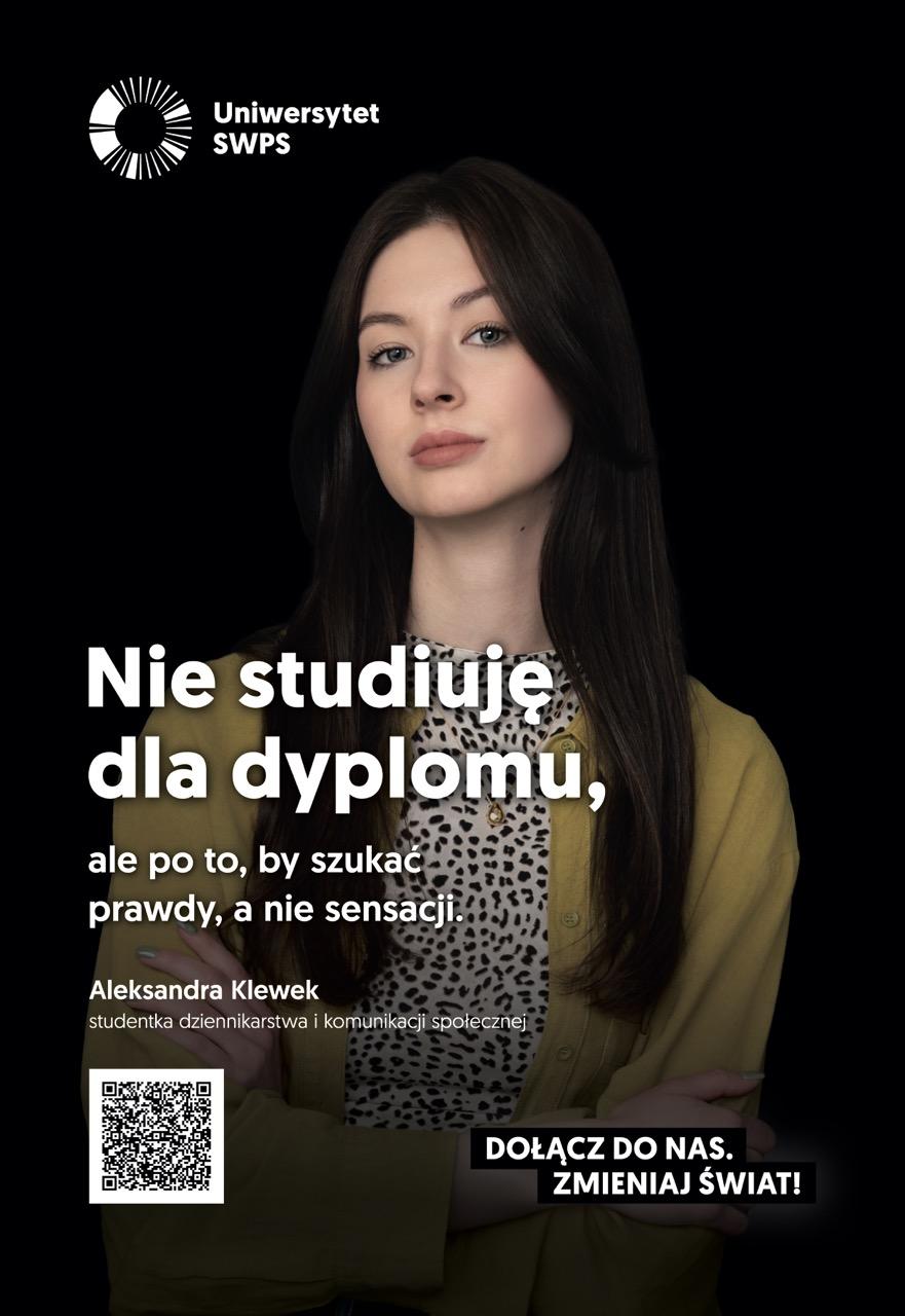 Reklama z Aleksandrą Klewek, studentką dziennikarstwa i komunikacji społecznej na Uniwersytecie SWPS