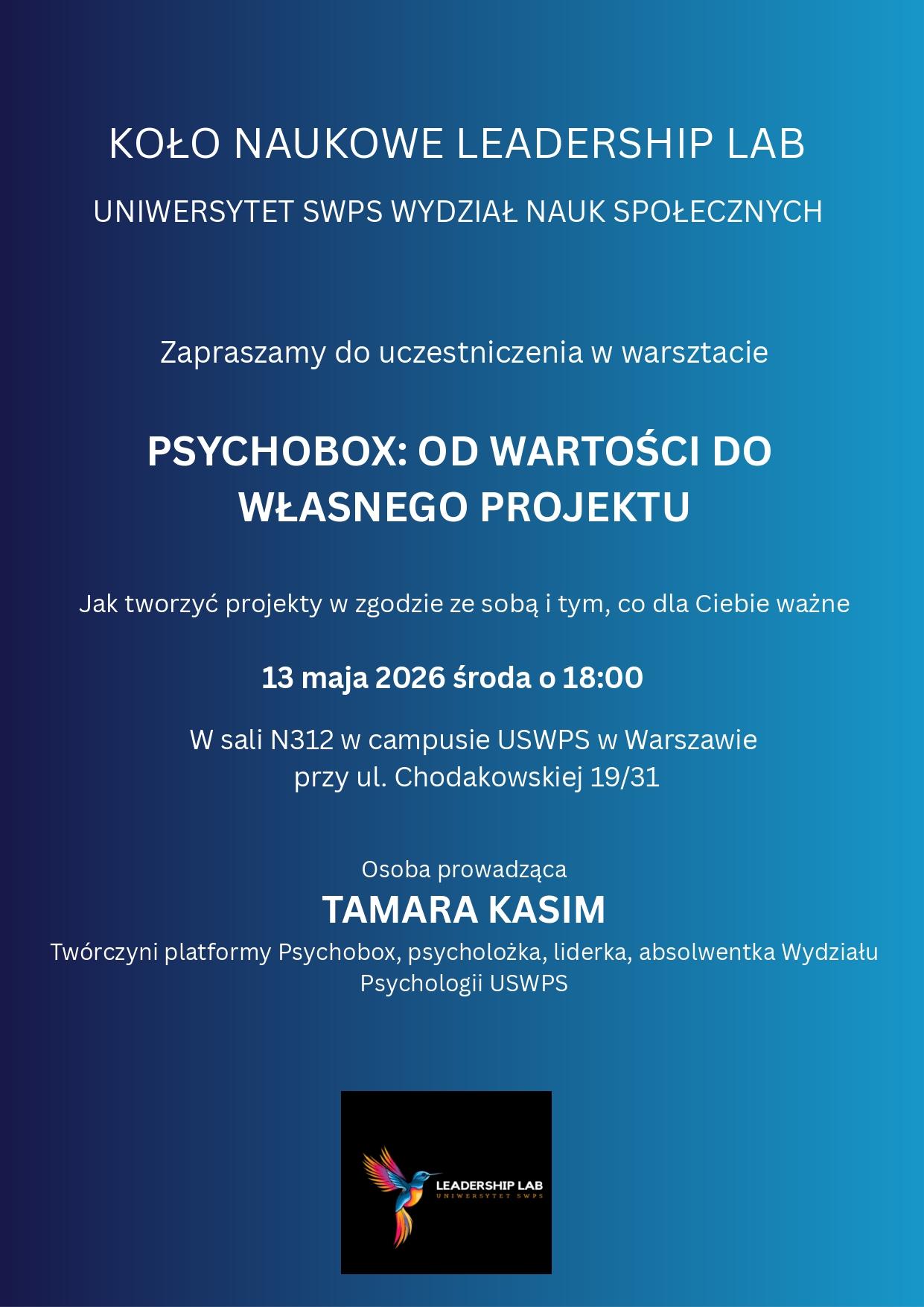 Plakat promujący wydarzenie „Psychobox – od wartości do własnego projektu”