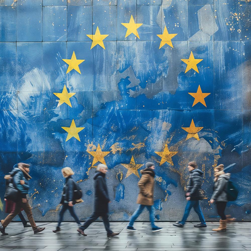 Na muralu widnieje flaga Unii Europejskiej. Jest to niebieskie tło z dwunastoma złotymi gwiazdami rozmieszczonymi w kółko. Przechodząca obok grupa osób jest ubrana w ciepłe ubrania, co sugeruje chłodną pogodę.