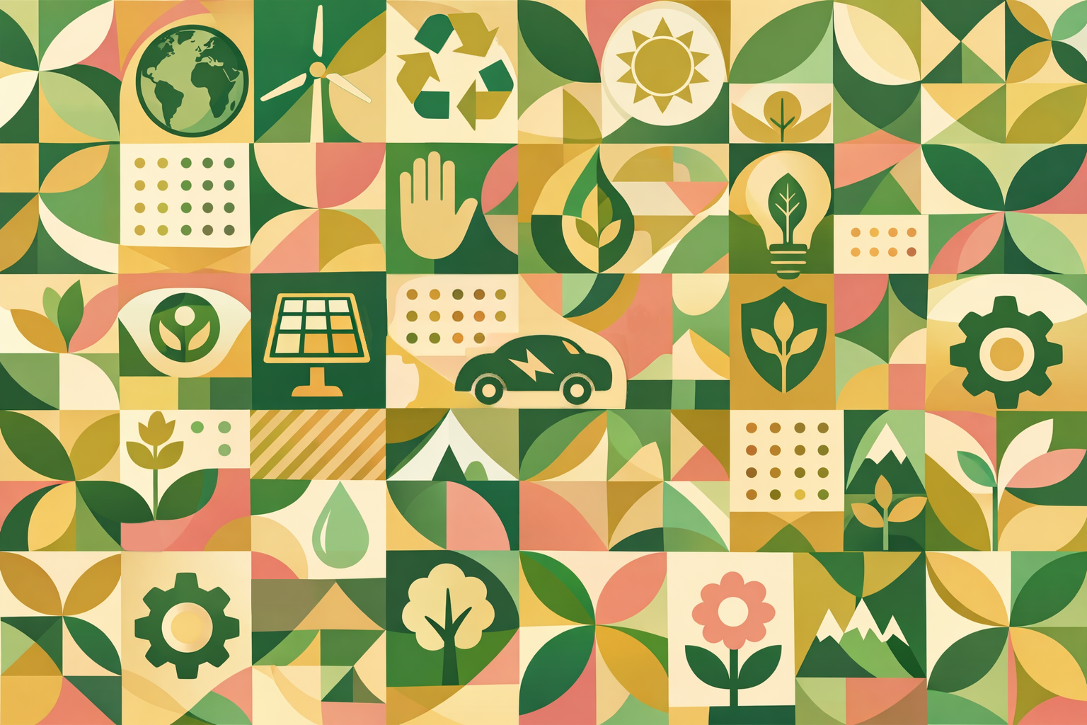 Abstrakcyjna geometryczna grafika z obrazkami reprezentującymi różne elementy zrównoważonego rozwoju, takimi jak wiatrak, samochód elektryczny, symbol recyklingu czy słońce
