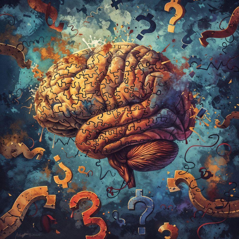 Ludzki mózg z puzzli wśród znaków zapytania i abstrakcyjnych kształtów