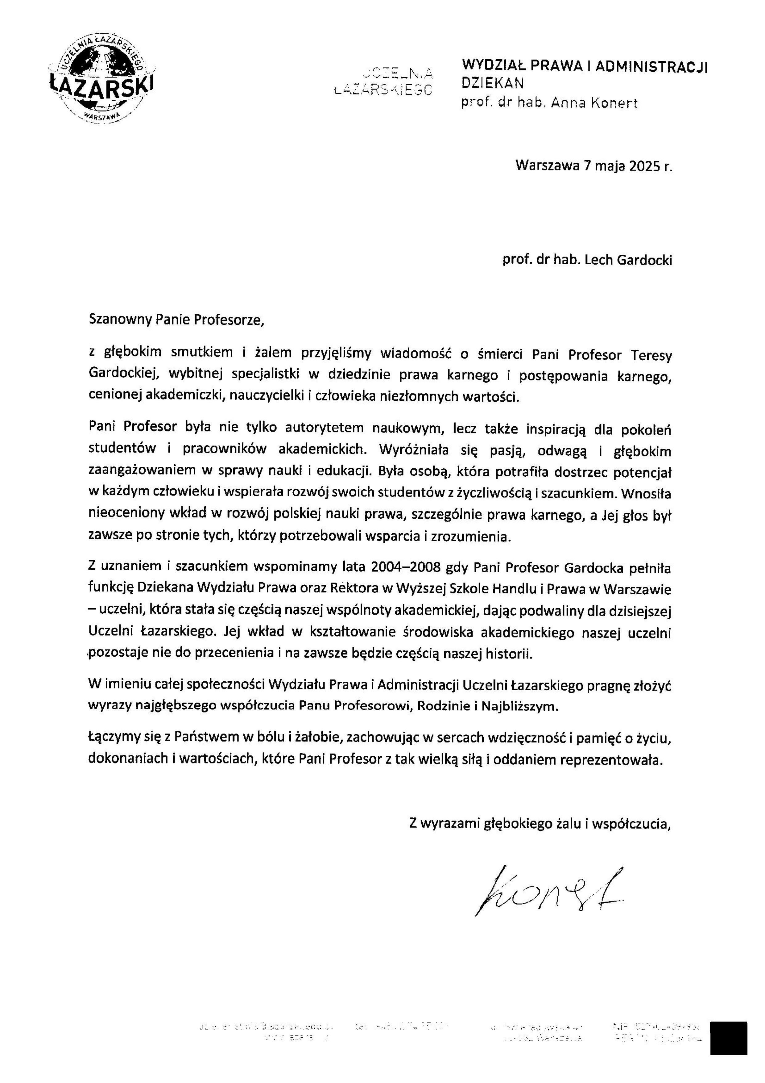 List kondolencyjny List Dziekan Wydziału Prawa i Administracji Uczelni Łazarskiego w związku ze śmiercią profesor Teresy Gardockiej