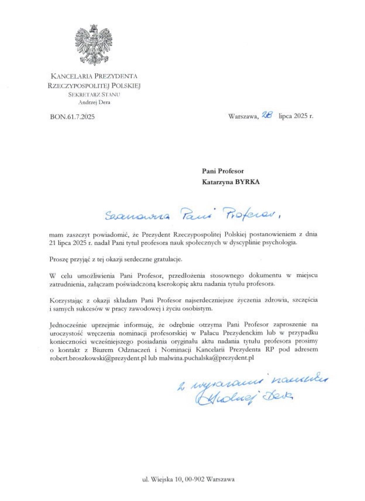 List gratulacyjny od Kancelarii Prezydenta RP do profesor Katarzyny Byrki z informacją o nadaniu tytułu profesora