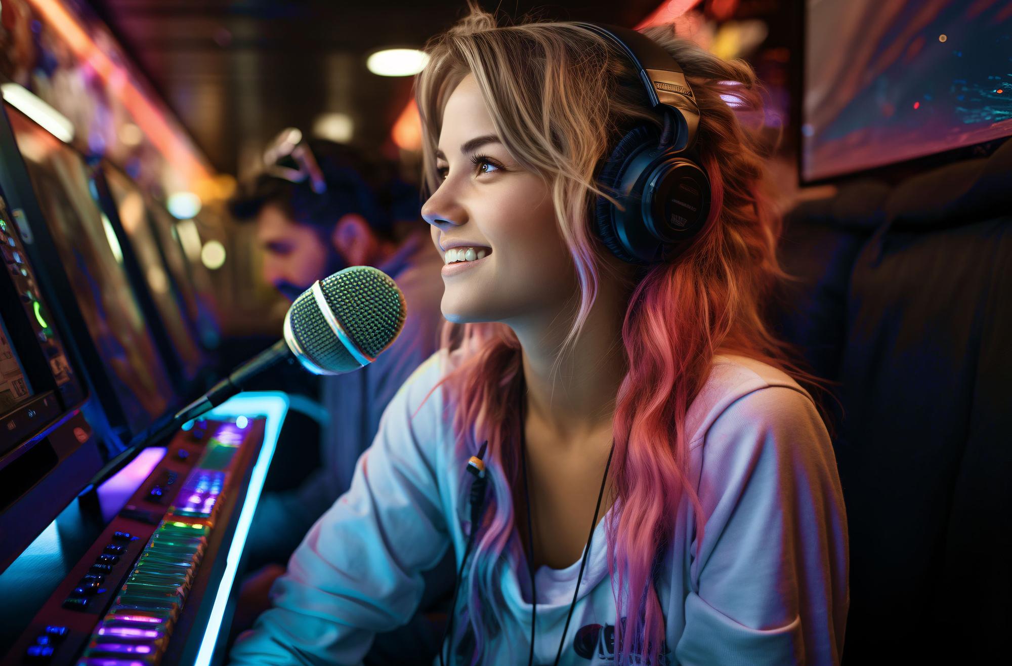 Młoda, uśmiechnięta kobieta w słuchawkach na uszach, siedząca przed mikrofonem w studiu nagraniowym