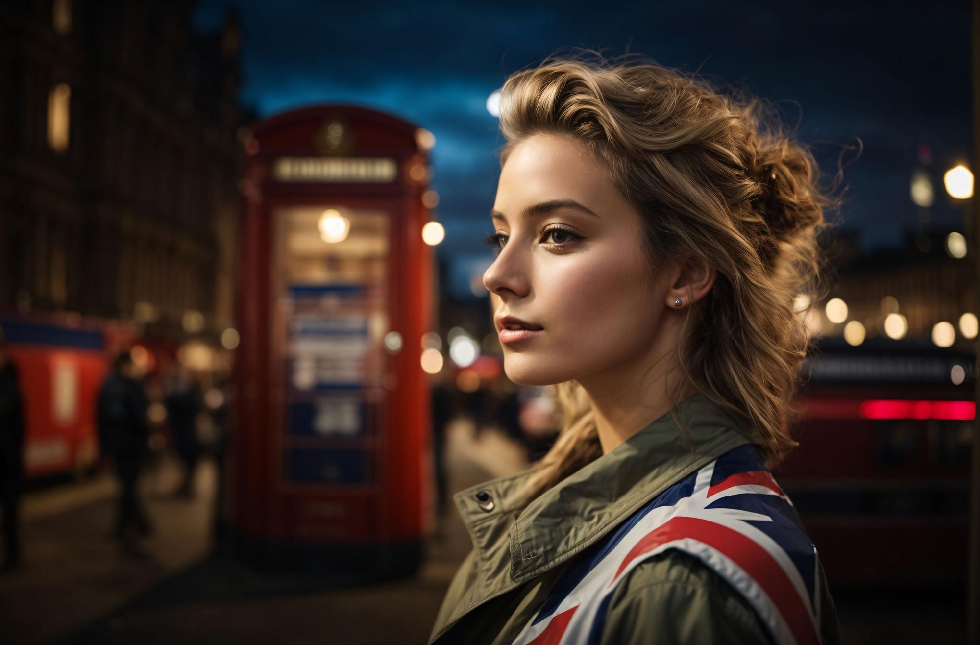 Młoda kobieta w kurtce z naszytymi elementami flagi brytyjskiej, w tle typowa londyńska budka telefoniczna