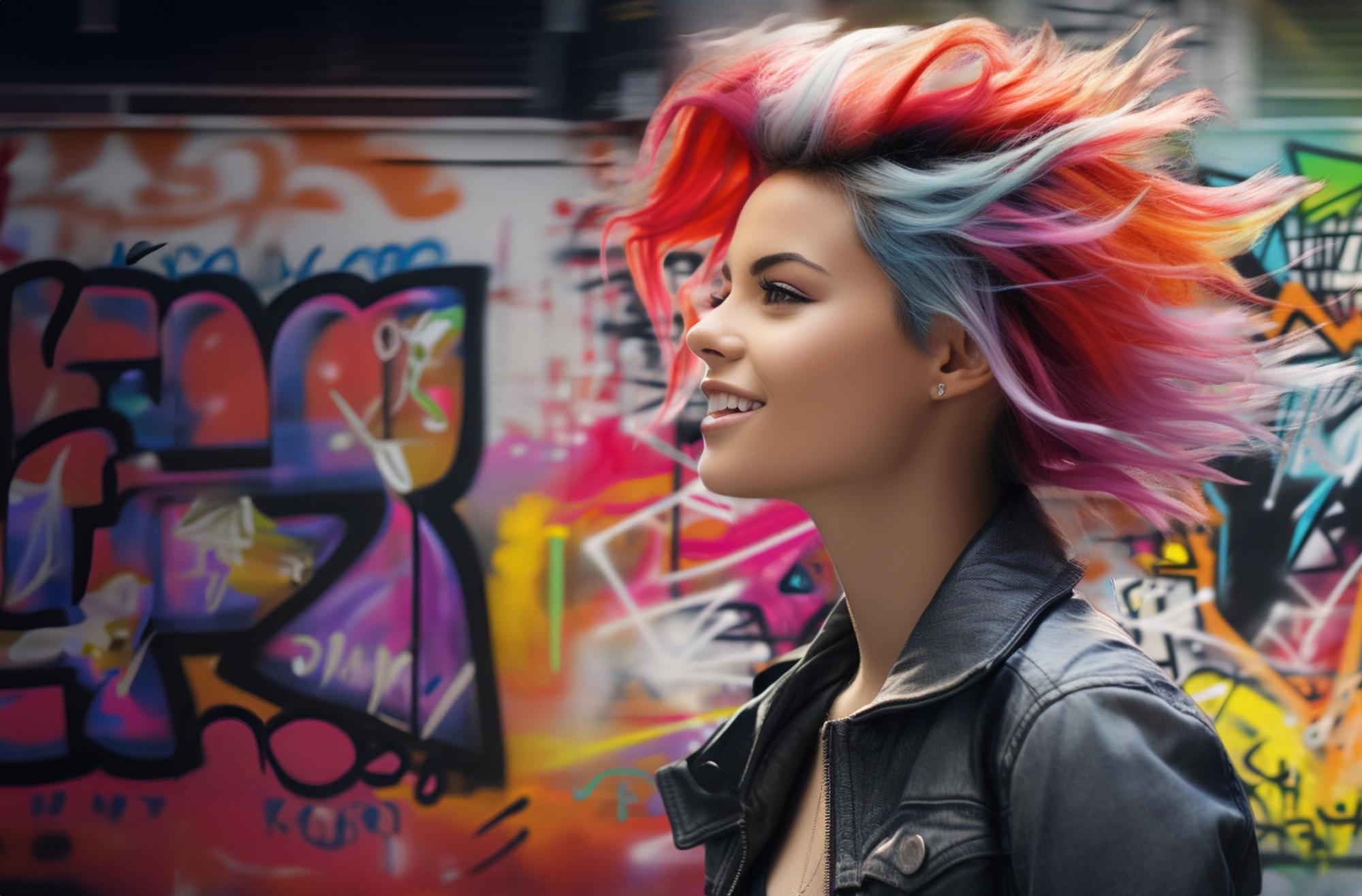 Młoda uśmiechnięta kobieta z kolorowymi włosami na tle graffiti