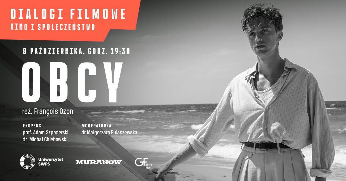 Plakat promujący spotkanie z filmem „Obcy”. Zawiera informacje o tytule filmu, dacie, godzinie, ekspertkach i moderatorce oraz cztery logo: magazynu „Pismo”, Uniwersytetu SWPS, Kina Muranów i Gutek Film