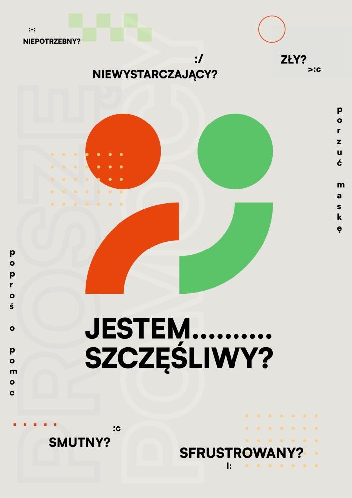Plakat z nazwami emocji i fragmentami smutnej i wesołej emoji
